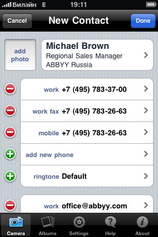 ABBYY Business Card Reader  iPhone 3GS